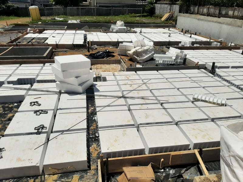 Polystyrene waffle-pod raft slab foundation with reinforcing steel before concrete pour - Ambient Civil Auckland