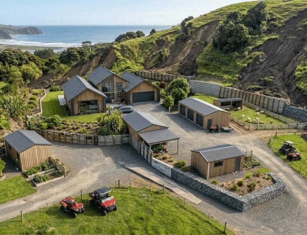 Aerial rural property with stone retaining walls and gravel drives - Ambient Civil Auckland
