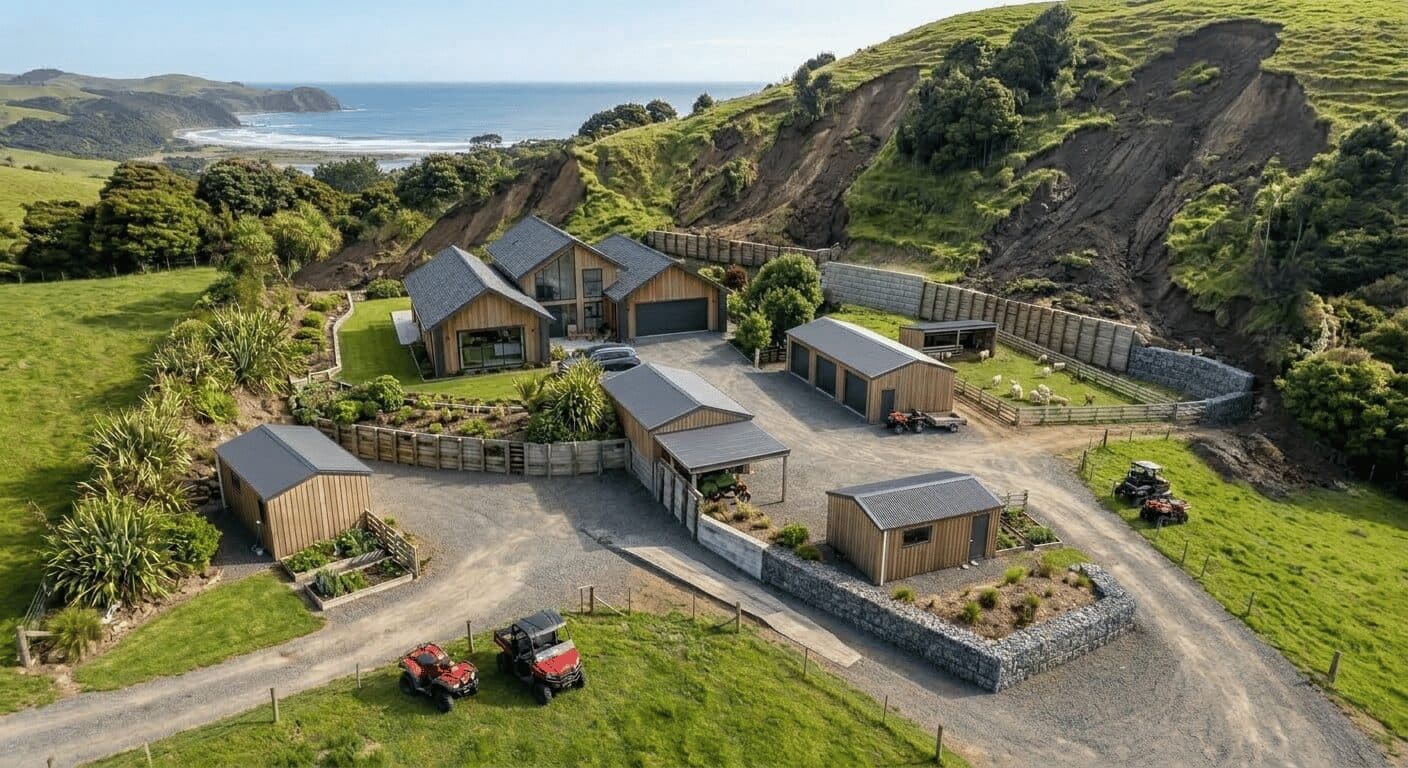 Aerial coastal property with retaining walls and driveways - Ambient Civil Auckland