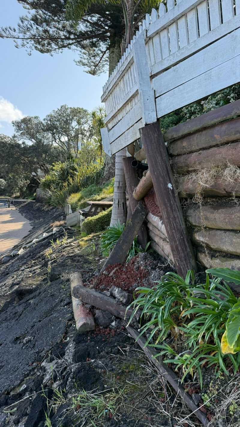 Leaning failing timber retaining wall on an eroded coastal bank needing repair - Ambient Civil Auckland