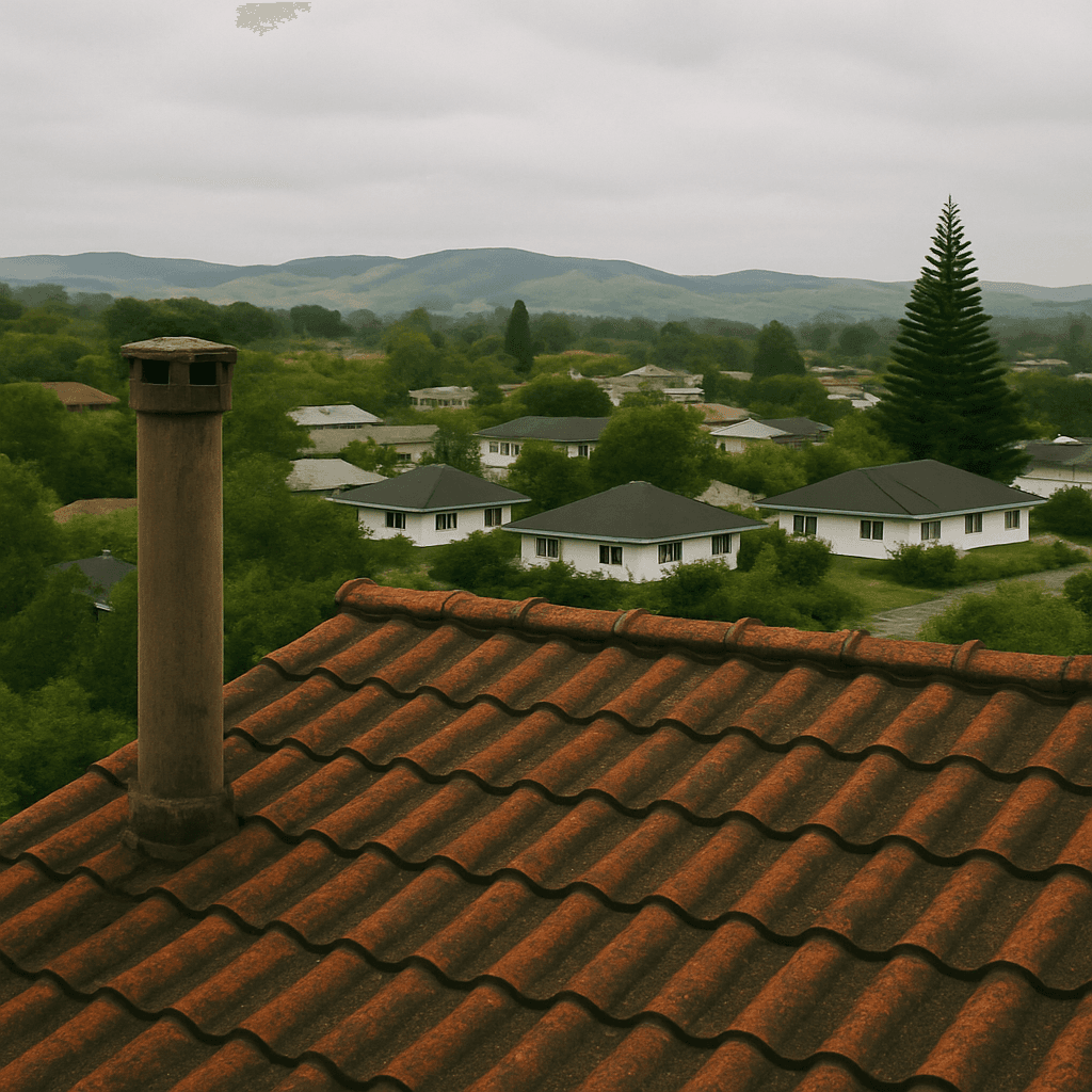 Tiled residential roof with chimney over a neighbourhood - Ambient Civil Auckland