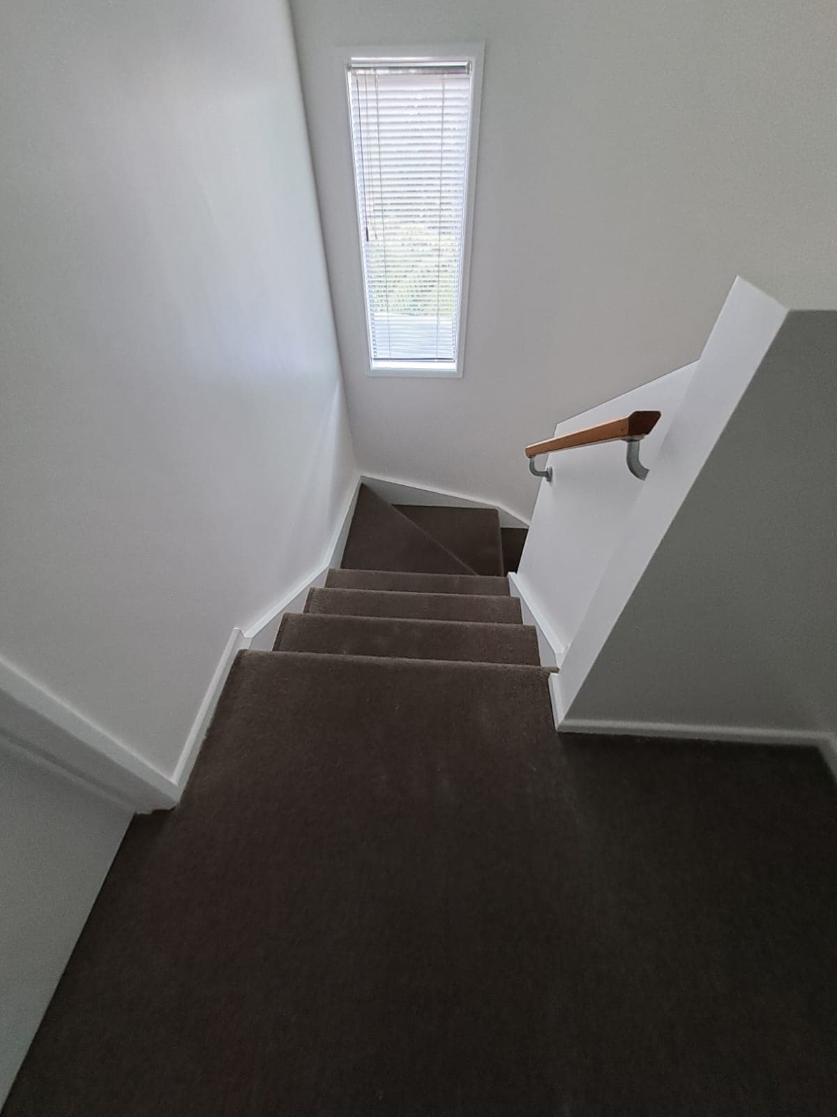 Carpeted staircase with painted white walls and timber wall-mounted handrail - Ambient Civil Auckland